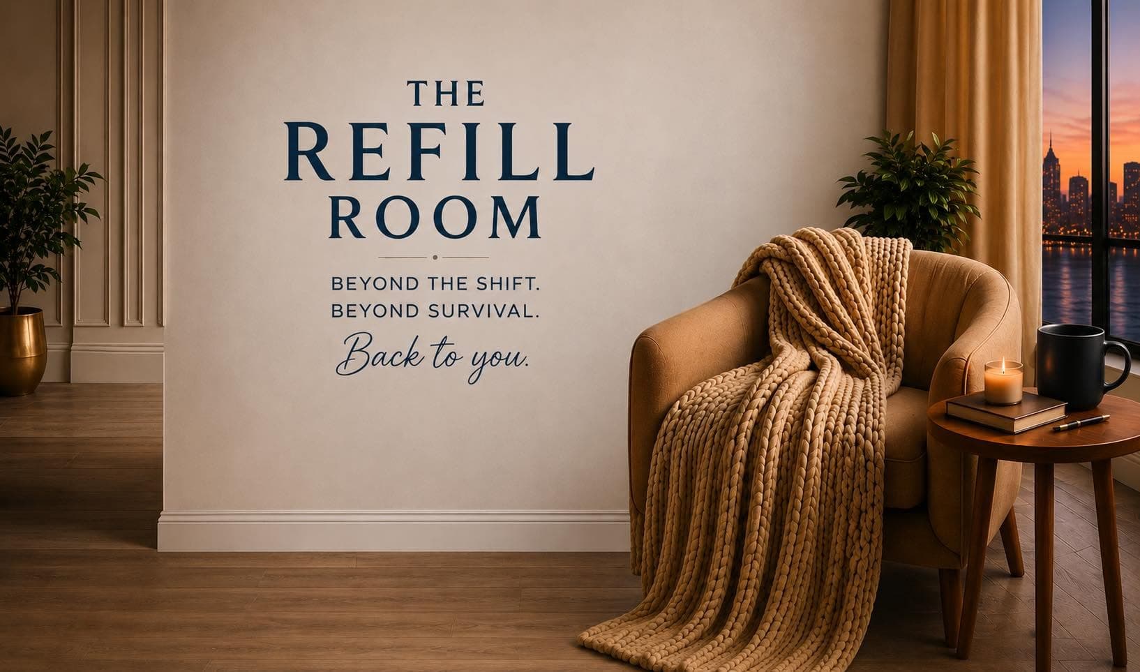 The Refill Room — beyond the shift, beyond survival, back to you. Lettering on the wall of a room with an armchair under a knit throw, a lit candle, and a city window at dusk.
